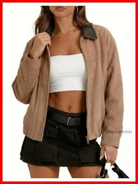 Faux Suede Leather Jacket Women's Lapel Pilot Coat Zip Long Sleeve Bomber